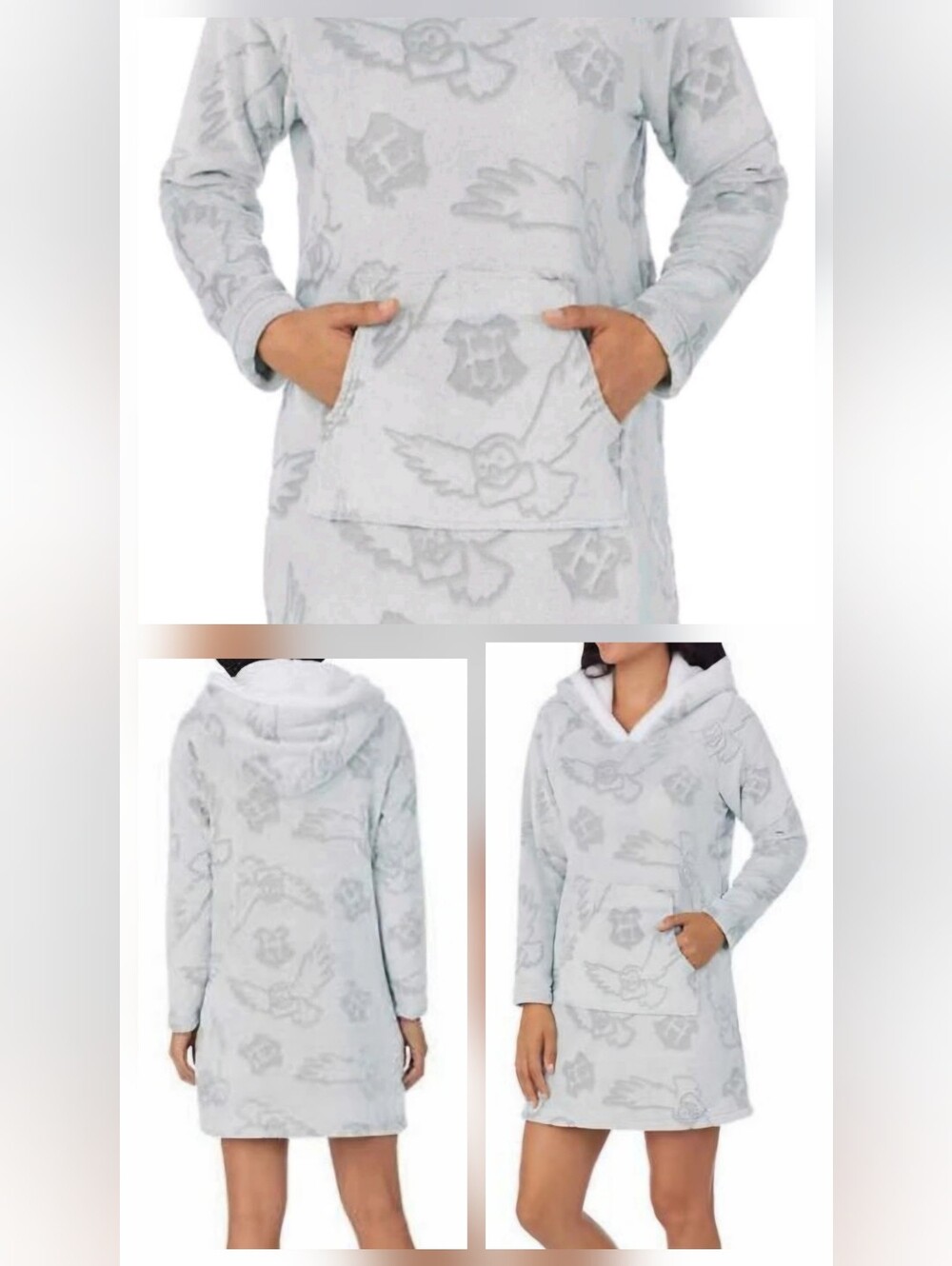 Cozy Light Gray Hooded Sherpa Tunic Sweatshirt Robe Sz XXL